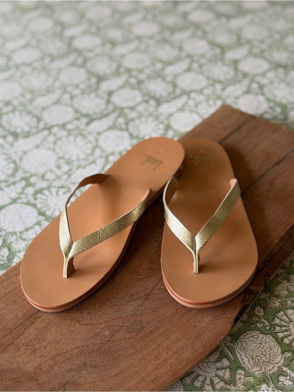beek Gold Strap Tan Footbed Flip Flop Sandals